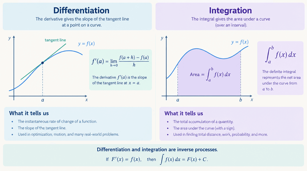 Flat vector diagram explaining calculus differentiation and integration with a labeled curve