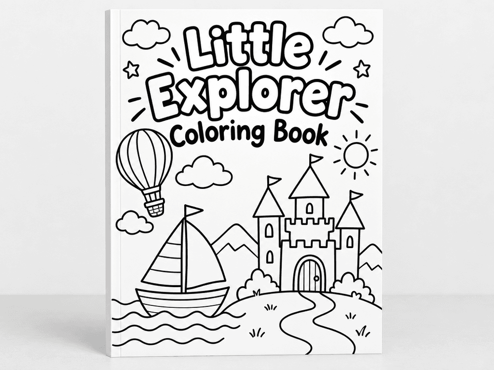 Coloring book cover mockup titled Little Explorer Coloring Book with line art doodles of a hot air balloon, sailboat and castle